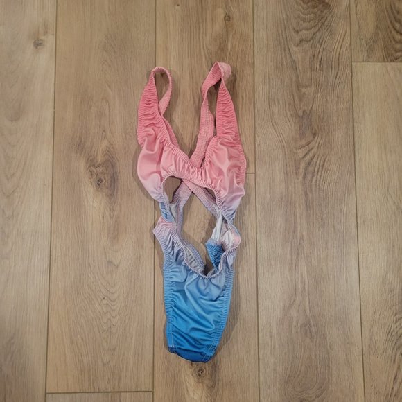 Handmade Blue Pink Ombre Crossback Thong Bodysuit - Picture 2 of 2